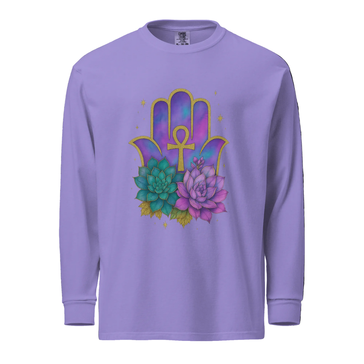Hamsa Ankh Bloom Crewneck in Lilac with gold Ankh, Hamsa, and blooming succulents, front view