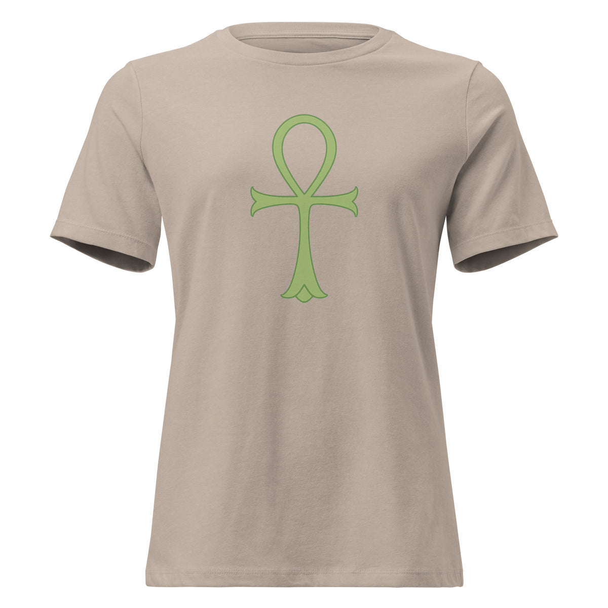 Women's relaxed-fit Minimalist Ankh Exclusive Tee in heather stone with a centered sage green Ankh symbol, front view