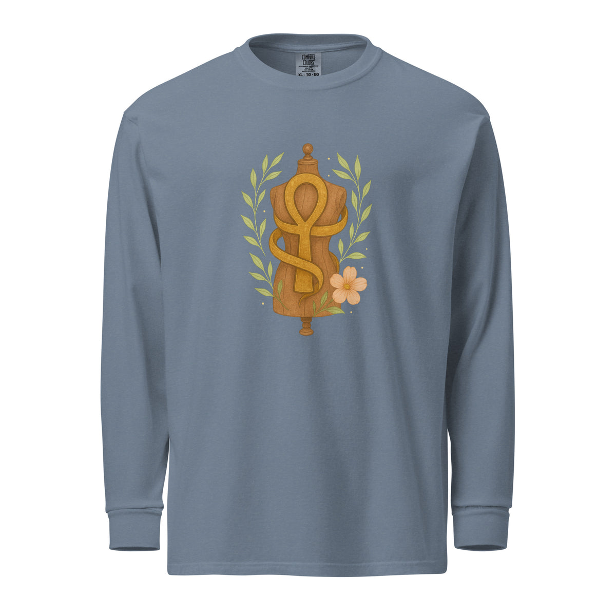 Feminine Form of Power Long Sleeve Crewneck Tee in Blue Jean, front view, featuring a painterly gold Ankh and dress form with laurel leaves and a peach bloom