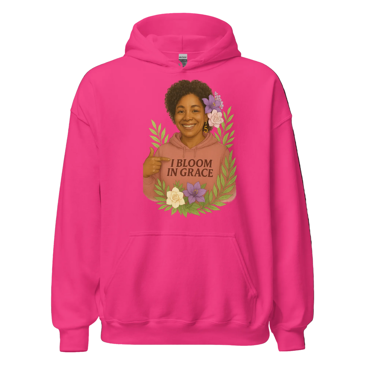I Bloom In Grace Signature Hoodie in Sacred Blossom pink, front view