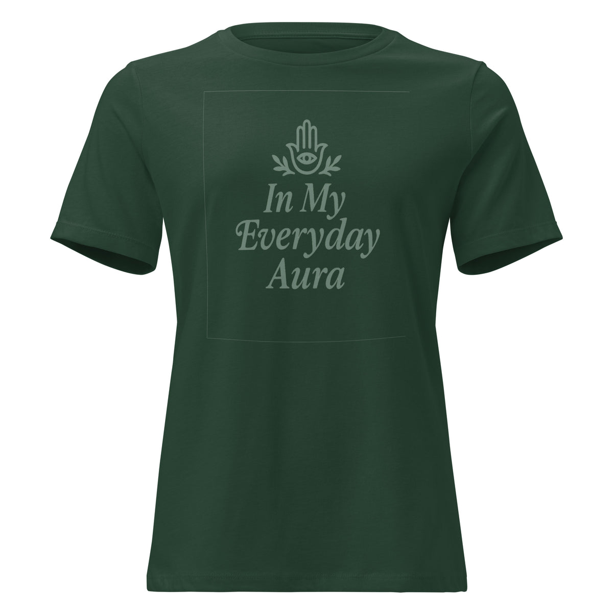 Women's relaxed-fit In My Everyday Aura Signature Tee in forest green with an embellished Hamsa and lettering, front view