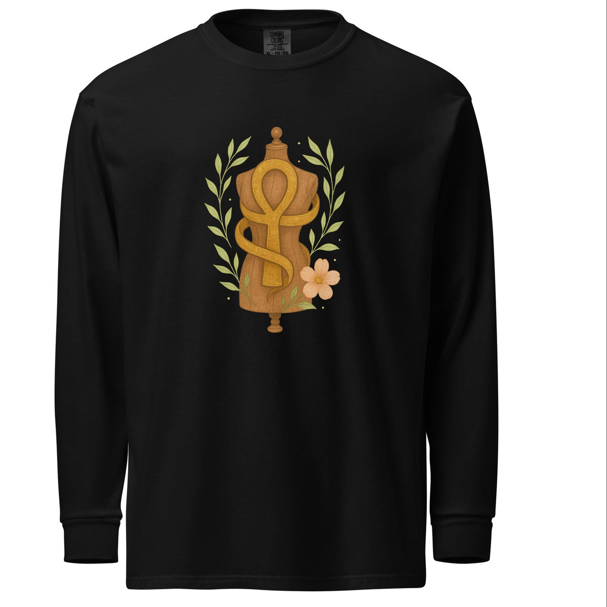 Feminine Form of Power Long Sleeve Crewneck Tee in Black, front view: a painterly gold Ankh wrapped around a wooden dress form with green laurel leaves and a peach bloom