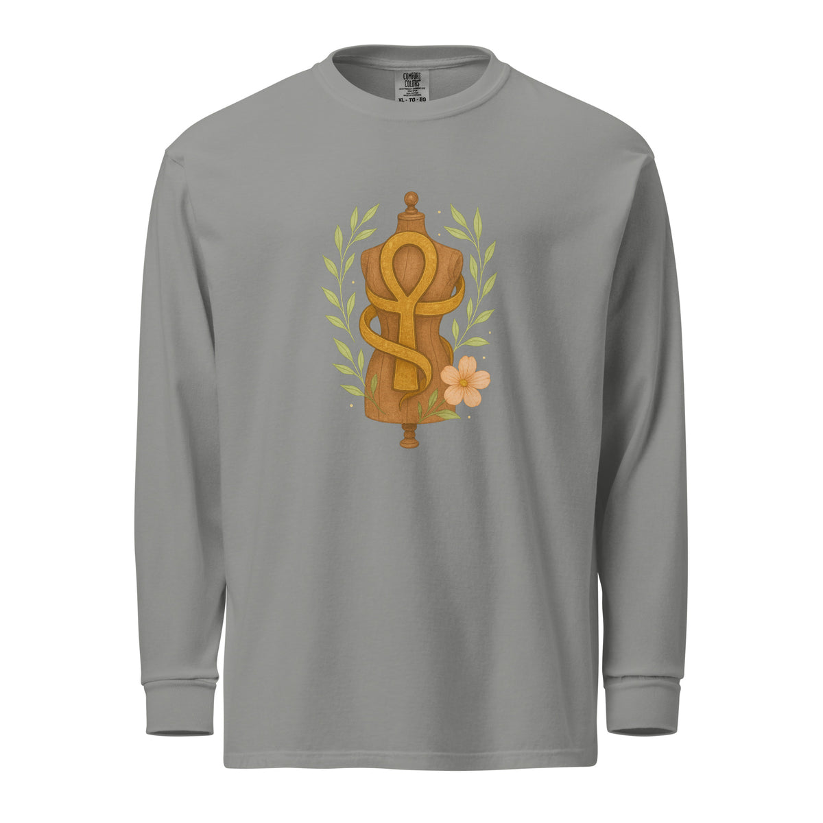 Feminine Form of Power Long Sleeve Crewneck Tee in Grey, front view, featuring a painterly gold Ankh and dress form with laurel leaves and a peach bloom