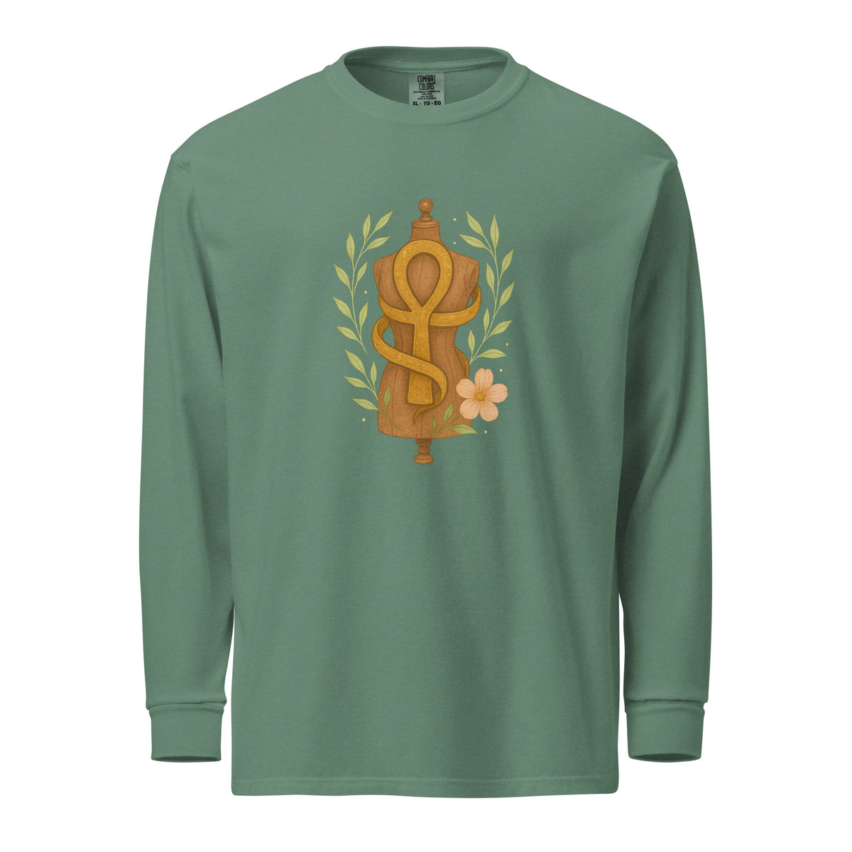 Feminine Form of Power Long Sleeve Crewneck Tee in Light Green, front view, featuring a painterly gold Ankh and dress form with laurel leaves and a peach bloom