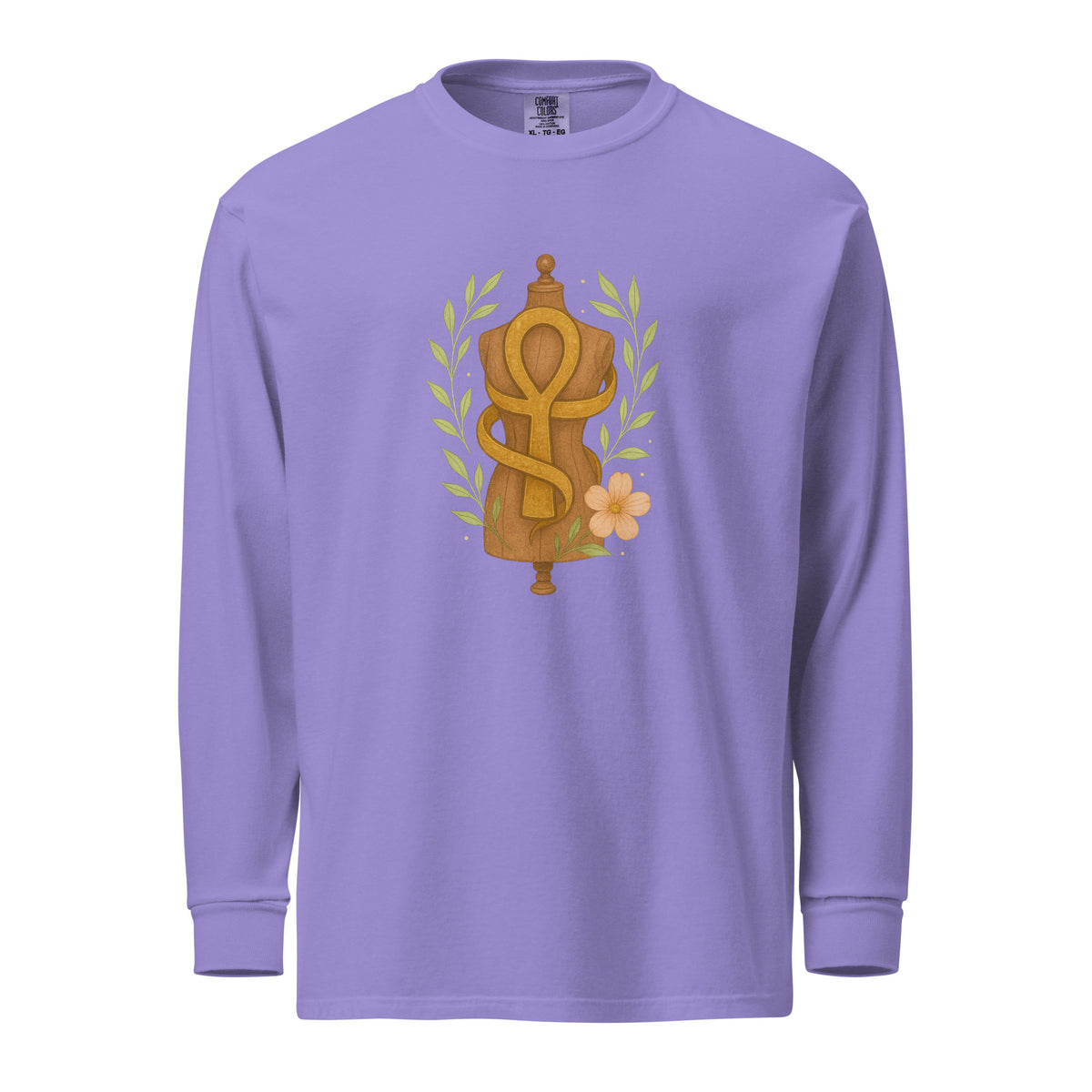 Feminine Form of Power Long Sleeve Crewneck Tee in Violet, front view, featuring a painterly gold Ankh and dress form with laurel leaves and a peach bloom