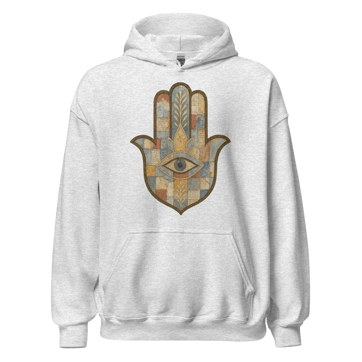 Mosaic Hamsa Hoodie in Ash with a patchwork mosaic Hamsa hand, front view