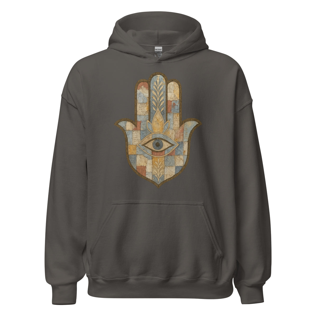 Mosaic Hamsa Hoodie in Charcoal with a patchwork mosaic Hamsa hand, front view