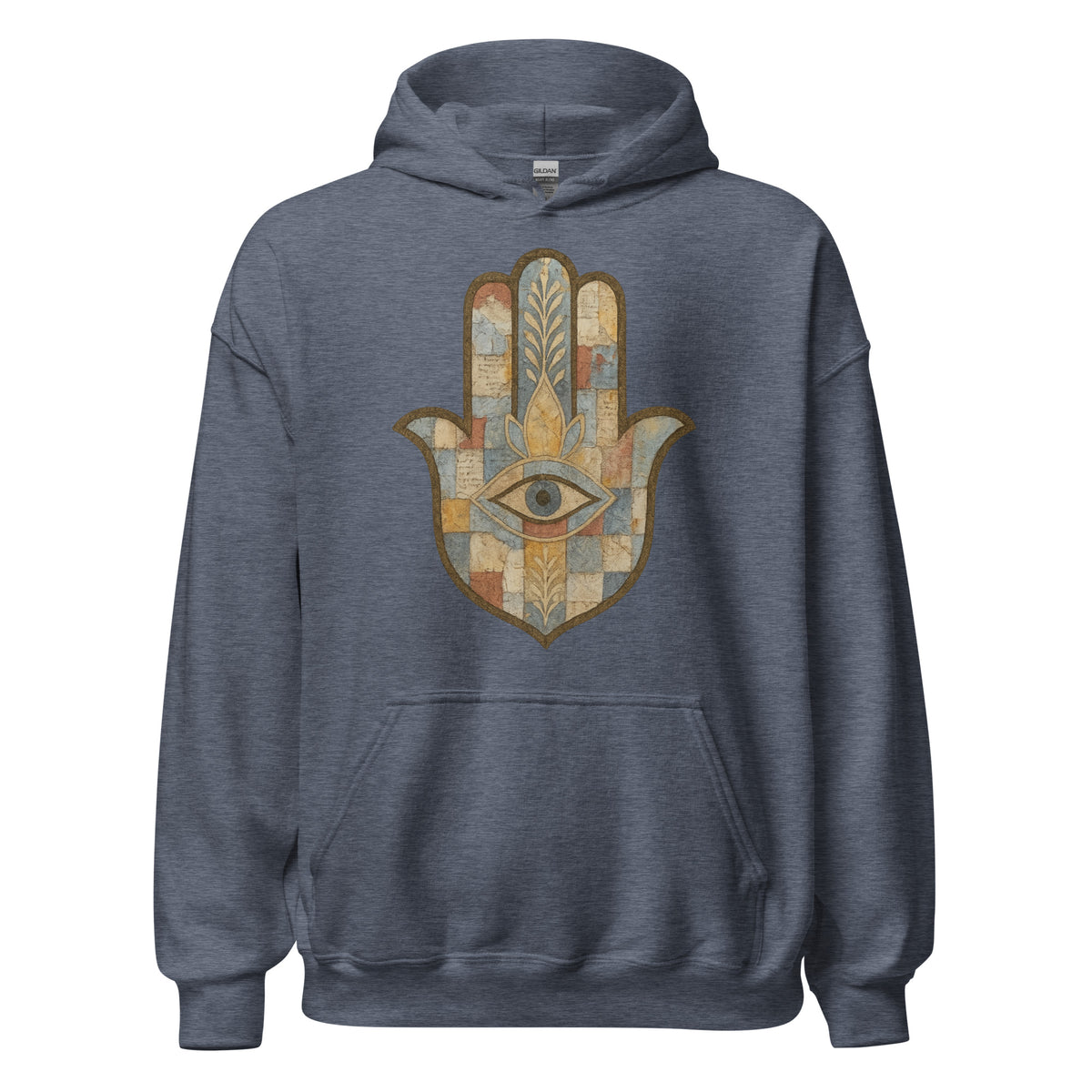 Mosaic Hamsa Hoodie in Heather Sport Dark Navy with a patchwork mosaic Hamsa hand, front view
