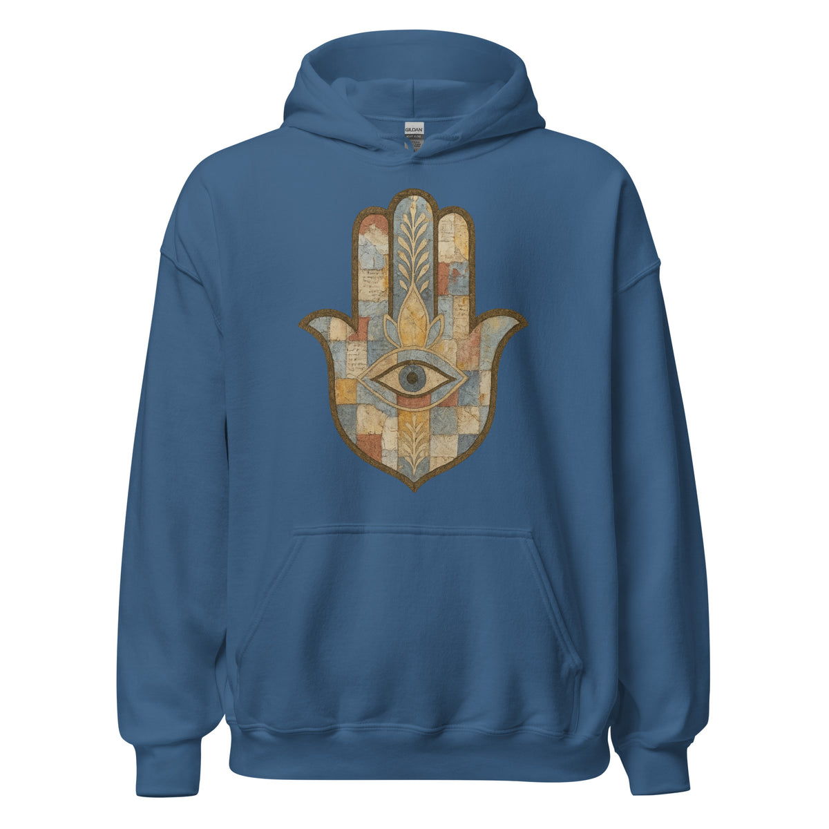 Mosaic Hamsa Hoodie in Indigo Blue with a patchwork mosaic Hamsa hand, front view