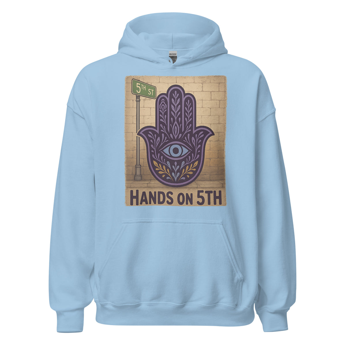 Hands On 5th St Hoodie in Light Blue with a purple Hamsa beside a 5th St sign, front view