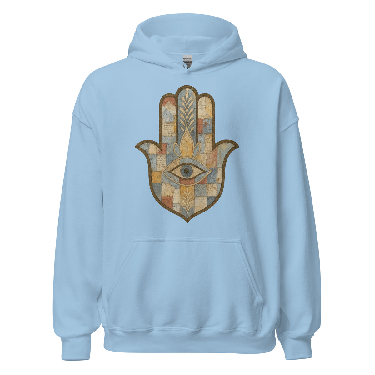 Mosaic Hamsa Hoodie in Light Blue with a patchwork mosaic Hamsa hand, front view
