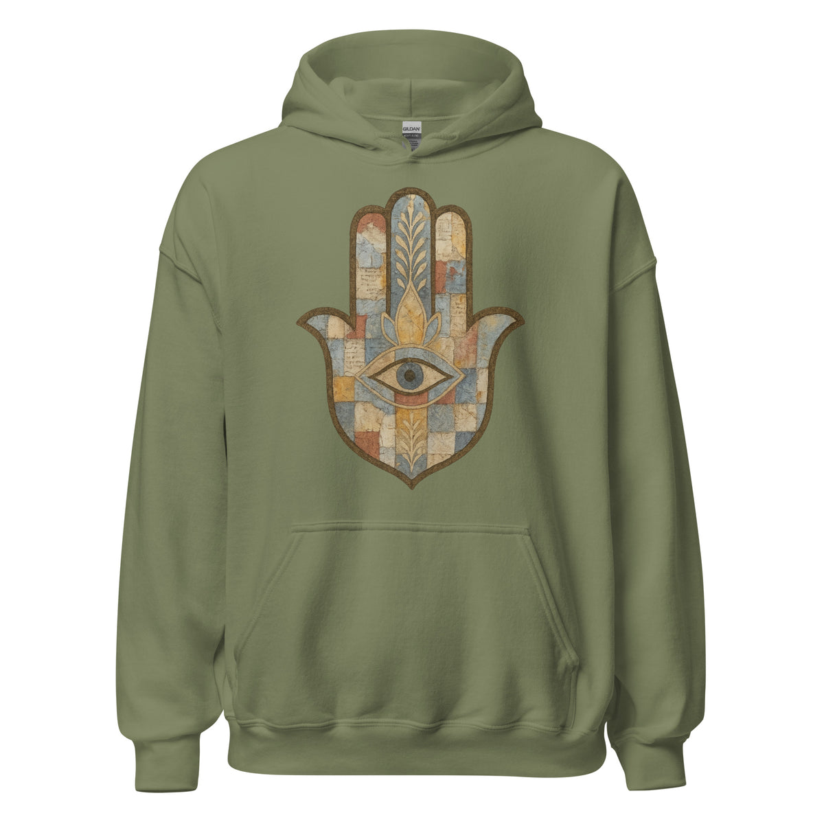 Mosaic Hamsa Hoodie in Military Green with a patchwork mosaic Hamsa hand, front view
