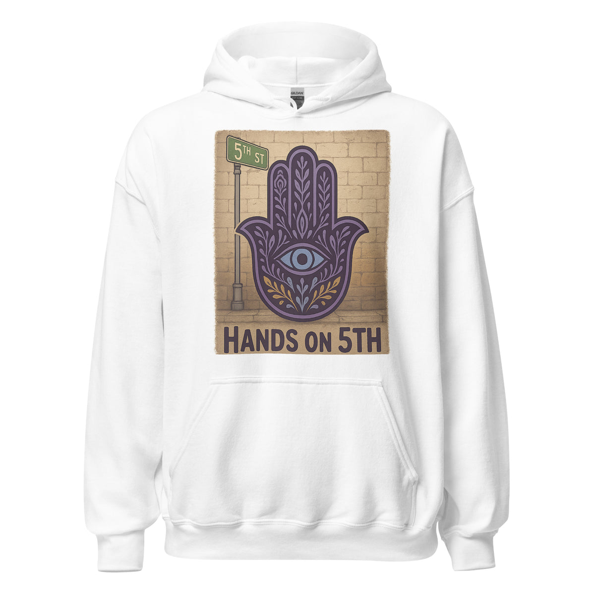 Hands On 5th St Hoodie in White with a purple Hamsa beside a 5th St sign, front view