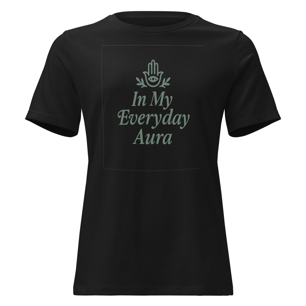 Women's relaxed-fit In My Everyday Aura Signature Tee in black with an embellished Hamsa and lettering, front view