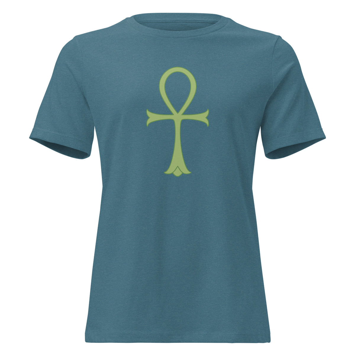 Women's relaxed-fit Minimalist Ankh Exclusive Tee in heather deep teal with a centered sage green Ankh symbol, front view