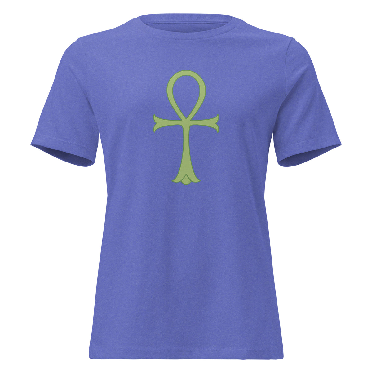 Women's relaxed-fit Minimalist Ankh Exclusive Tee in heather true royal blue with a centered sage green Ankh symbol, front view