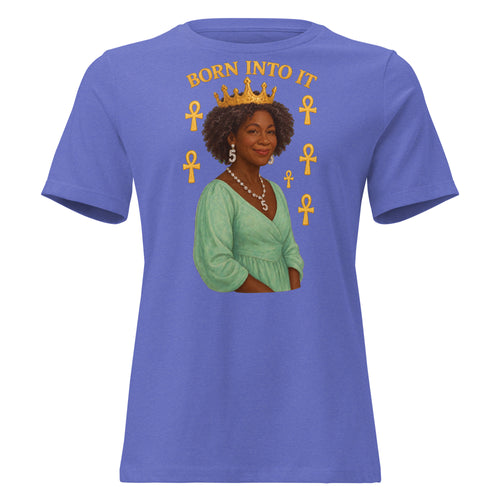 Women's relaxed-fit Born Into It Tee Reflection in heather true royal with a crowned woman framed by Ankh symbols, front view