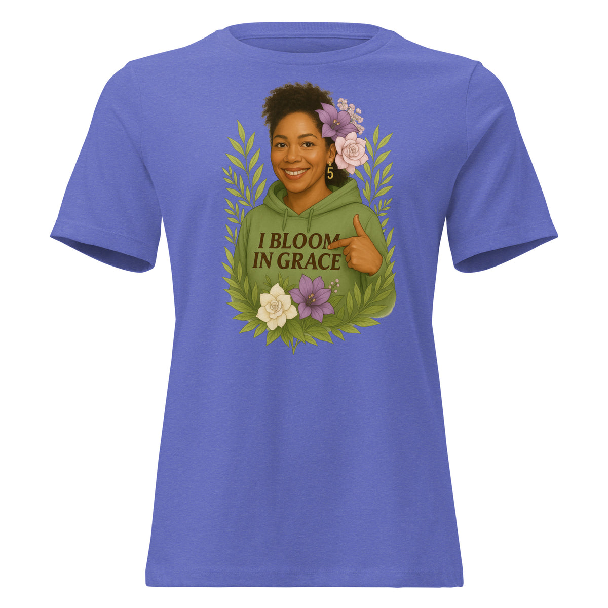 Women's relaxed-fit I Bloom In Grace Exclusive Tee with a smiling woman in a green hoodie framed by flowers and leaves, front view