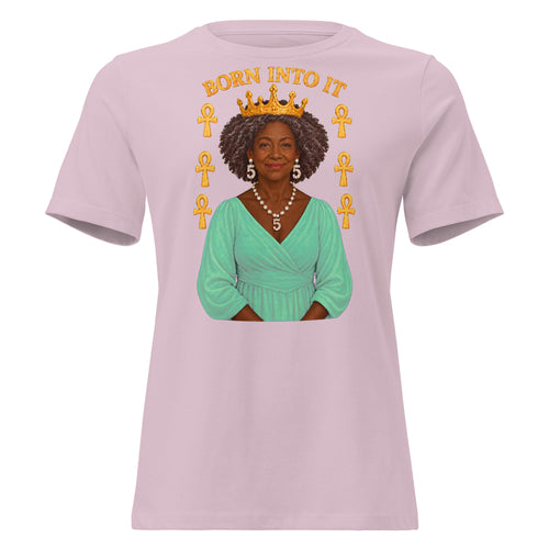 Women's relaxed-fit Born Into It Tee Forward Gaze in light violet with a crowned woman framed by Ankh symbols, front view