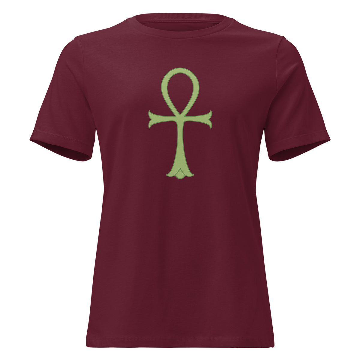 Women's relaxed-fit Minimalist Ankh Exclusive Tee in maroon with a centered sage green Ankh symbol, front view
