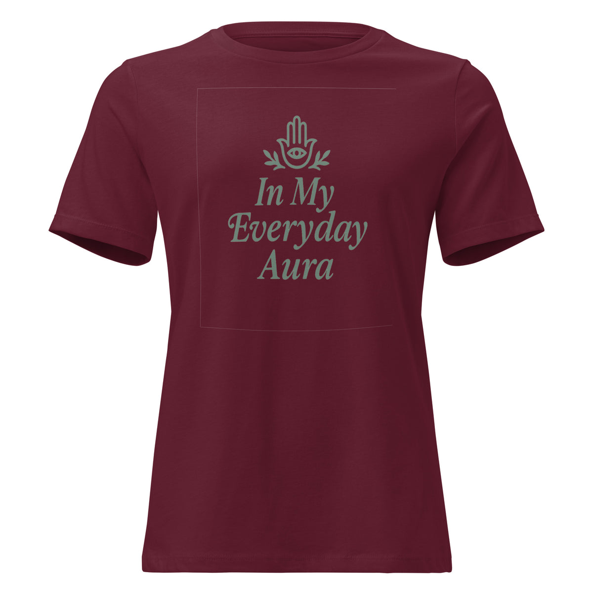 Women's relaxed-fit In My Everyday Aura Signature Tee in maroon with an embellished Hamsa and lettering, front view