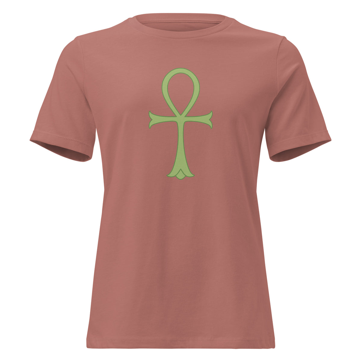 Women's relaxed-fit Minimalist Ankh Exclusive Tee in mauve with a centered sage green Ankh symbol, front view