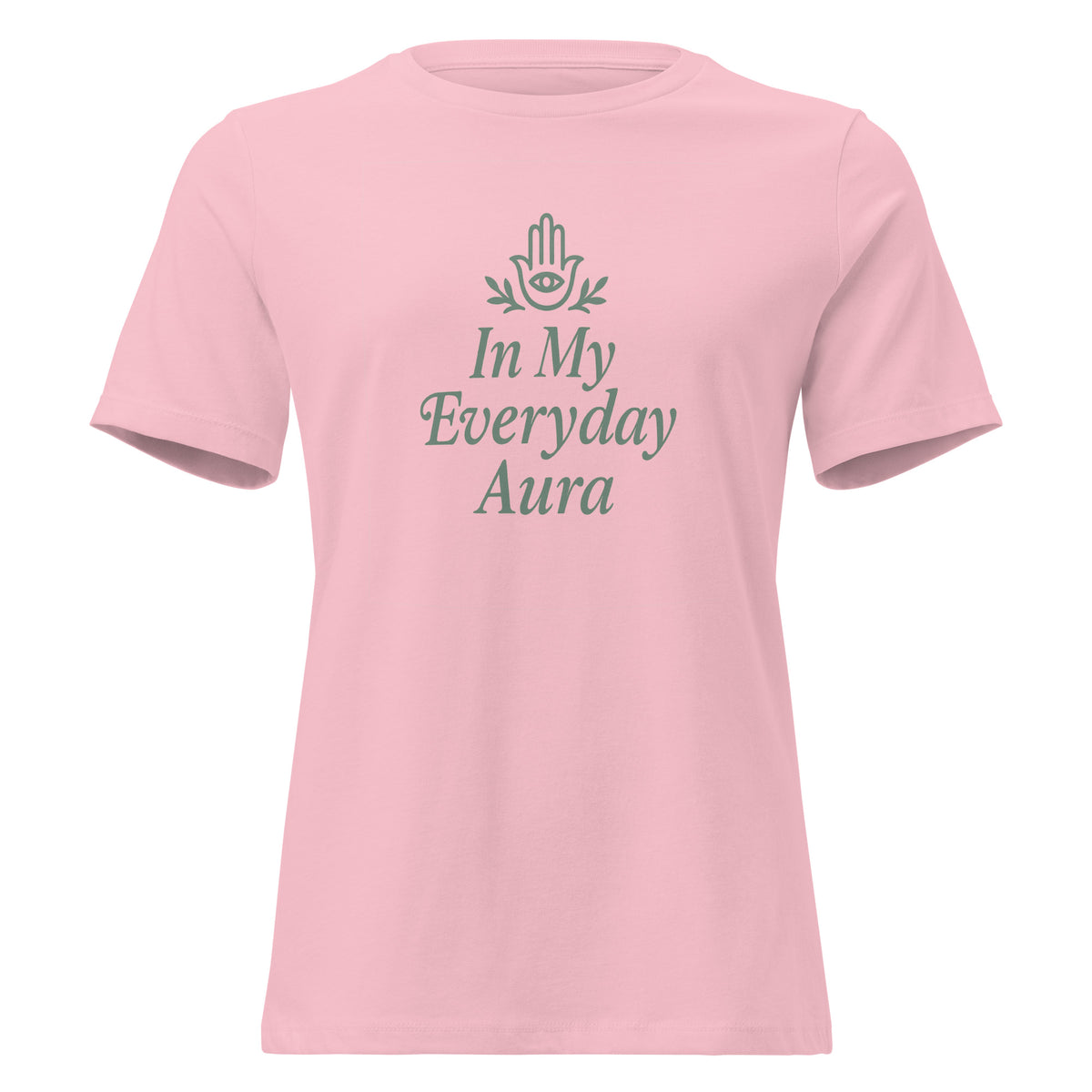 Women's relaxed-fit In My Everyday Aura Signature Tee in pink with an embellished Hamsa and lettering, front view