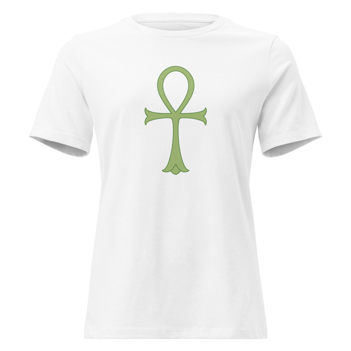 Women's relaxed-fit Minimalist Ankh Exclusive Tee in white with a centered sage green Ankh symbol, front view