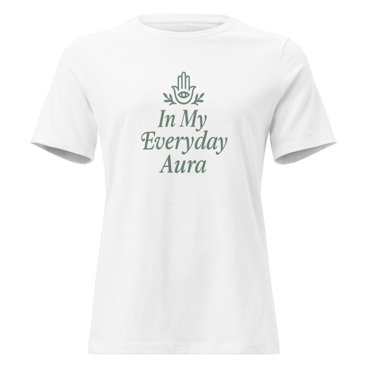 Women's relaxed-fit In My Everyday Aura Signature Tee in white with an embellished Hamsa and lettering, front view